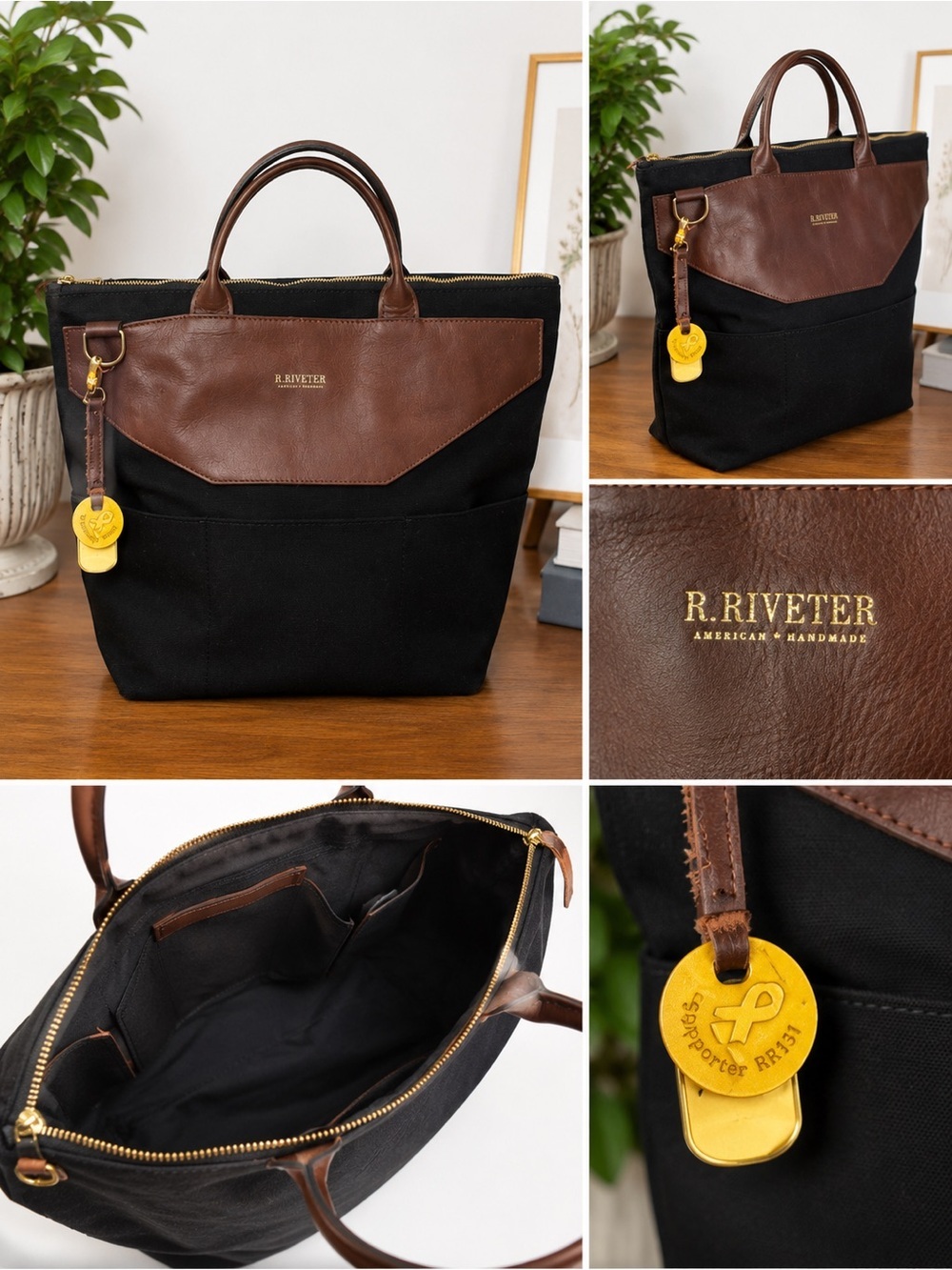 R. Riveter Black Canvas Brown Leather Tote Bag USA Military Spouse Handmade